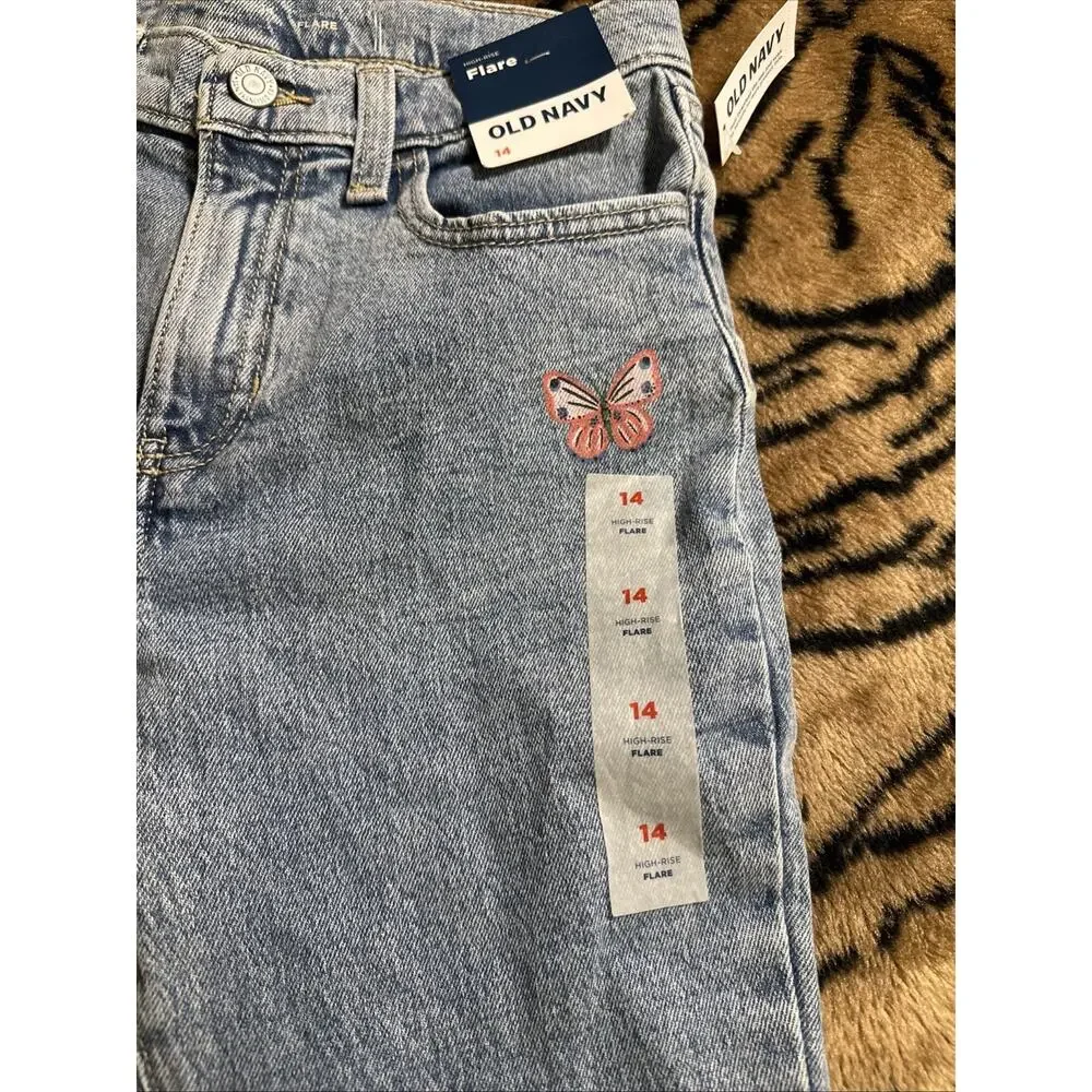 Girl’s Size 14 High Rise Flare Jeans Old Navy Butterfly Embroidered NWT School